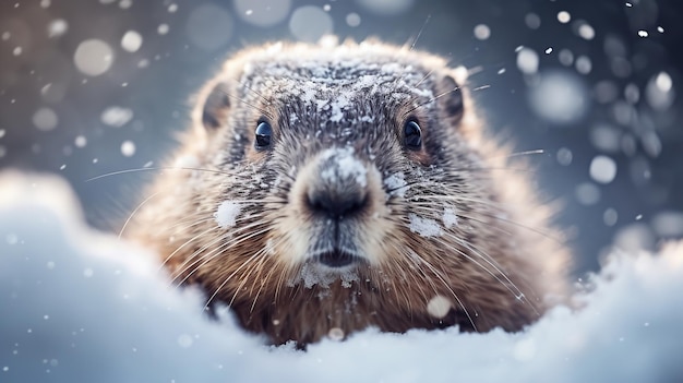 Il giorno della marmotta, una folla è affascinata da una marmotta carina che striscia fuori da un buco pieno di neve.