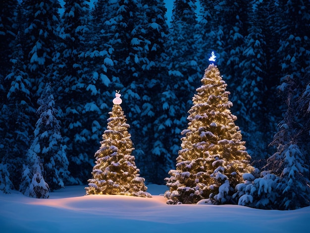 Il giorno di Natale Albero di Natale addobbi doni palla stella colore sfondo pupazzo primo piano in una pineta di neve illuminazione serale illustrazione arte