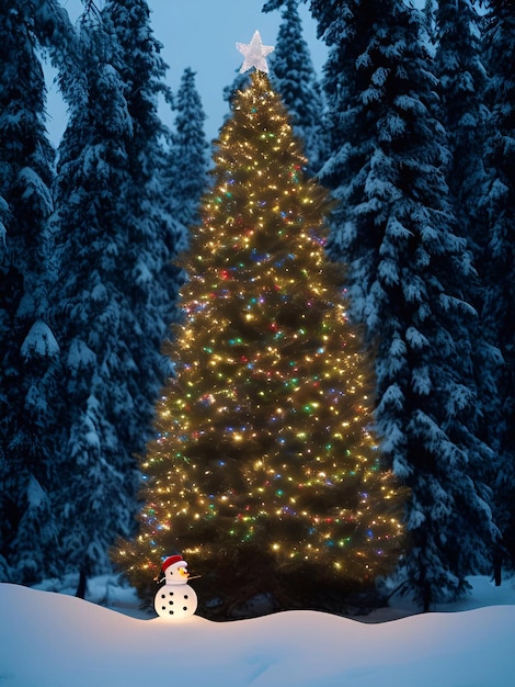 Il giorno di Natale Albero di Natale addobbi doni palla stella colore sfondo pupazzo primo piano in una pineta di neve illuminazione serale illustrazione arte