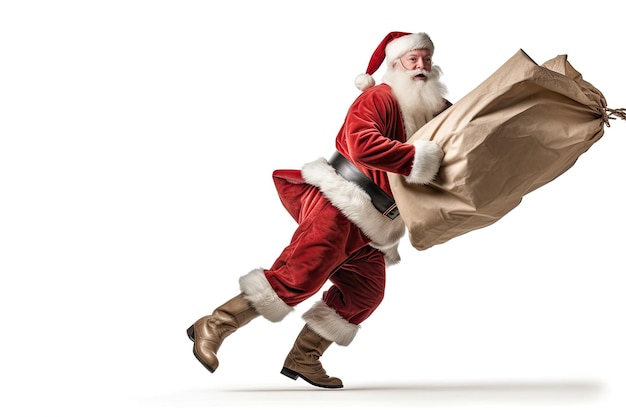Il giorno di Natale Babbo Natale con un enorme sacchetto in corsa per la consegna di regali di Natale isolati su sfondo bianco Generare Ai