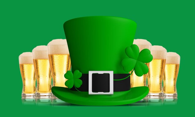 Il giorno di San Patrizio cappello leprechaun e bicchieri di birra isolati su sfondo verde 3d'illustrazione