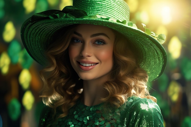 Il giorno di San Patrizio Ritratto di una bella giovane donna che indossa un cappello da leprechaun