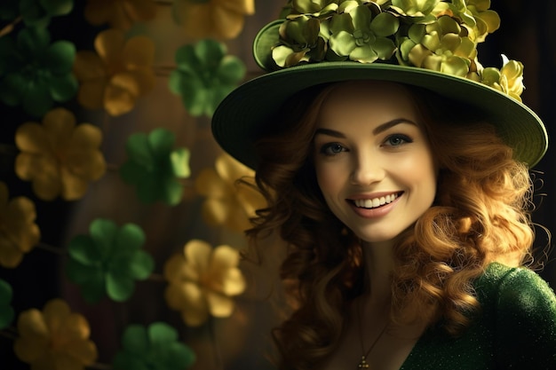 Il giorno di San Patrizio Ritratto di una bella giovane donna che indossa un cappello da leprechaun