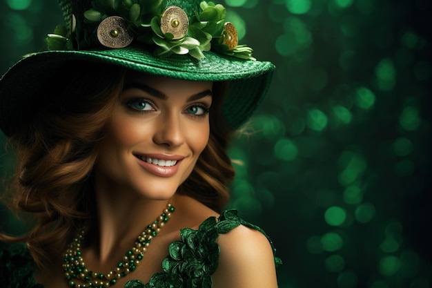 Il giorno di San Patrizio Ritratto di una bella giovane donna che indossa un cappello da leprechaun