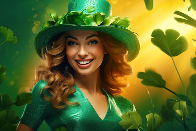 Il giorno di San Patrizio Ritratto di una bella giovane donna che indossa un cappello da leprechaun