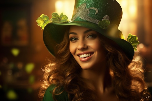 Il giorno di San Patrizio Ritratto di una bella giovane donna che indossa un cappello da leprechaun