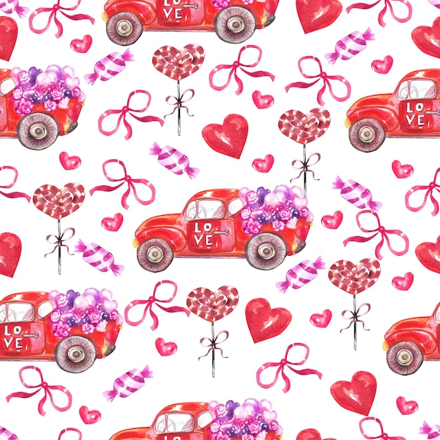 Il giorno di San Valentino acquerello motivo senza giunture Red pick-up camion cuori fiori caramelle palloncini