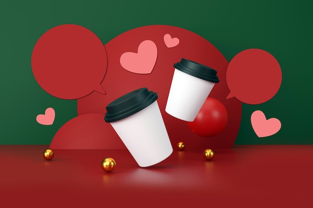 Il giorno di San Valentino concetto tazza di caffè bianca su sfondo verde e rosso illustrazione 3D