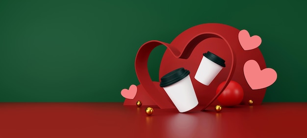 Il giorno di San Valentino concetto tazza di caffè bianca su sfondo verde e rosso illustrazione 3D