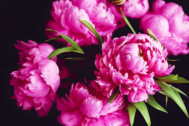 Il giorno di San Valentino le peonie rosa fioriscono su sfondo nero