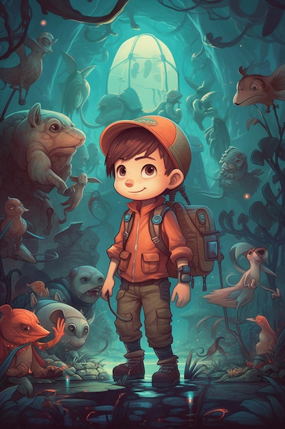 Il giovane avventuriero e le creature magiche in un mondo misterioso Illustrated Comic Art