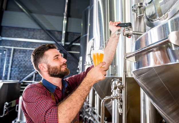 Il giovane birraio che indossa un grembiule di pelle sta testando la birra in un moderno birrificio