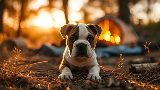 Il giovane bulldog turistico e la gioia del campeggio all'aperto