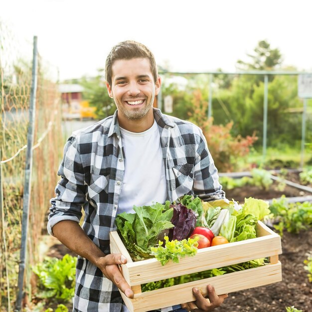 Il giovane con il suo giardino di insalate e il suo sorriso felice