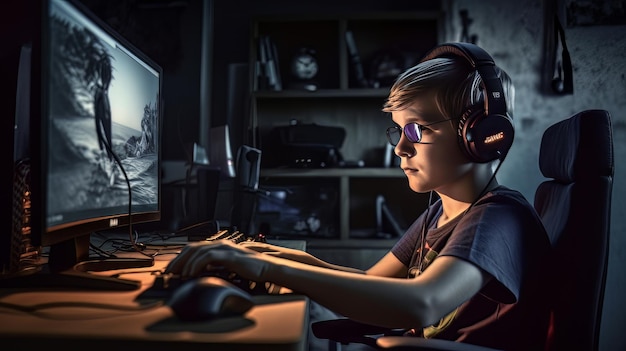 Il giovane giocatore sedeva a una scrivania giocando a un videogioco IA generativa
