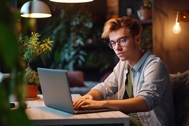 Il giovane lavora al computer in ufficio Freelancer che lavora da un laptop Concetto di formazione aziendale IA generativa