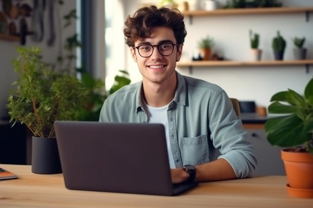 Il giovane lavora al computer in ufficio Freelancer che lavora da un laptop Concetto di formazione aziendale IA generativa