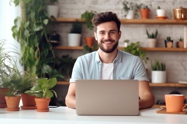 Il giovane lavora al computer in ufficio Freelancer che lavora da un laptop Concetto di formazione aziendale IA generativa