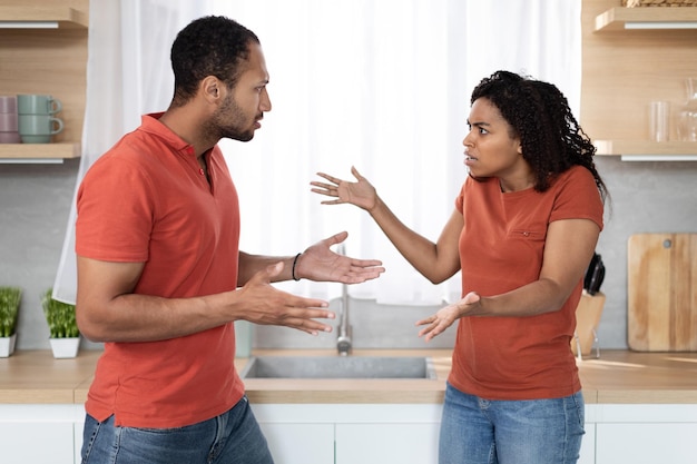 Il giovane ragazzo e la signora afroamericani tristi e arrabbiati con le stesse magliette litigano e gesticolano nell'interno della cucina