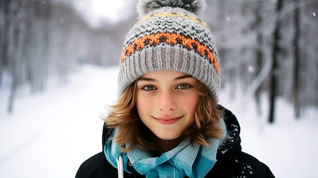 Il giovane sciatore con un cappello lavorato a maglia si trova sullo sfondo del paesaggio e sorride Stile di vita sano