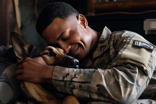 Il giovane veterano di guerra afroamericano felice abbraccia il suo cane