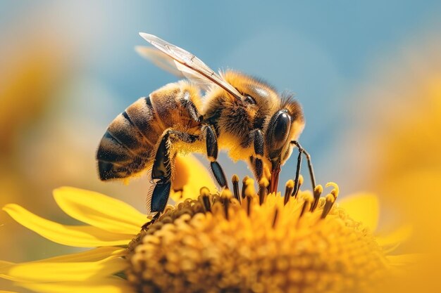 Il girasole con un'ape mellifera con un cielo blu sullo sfondo impollina e raccoglie miele