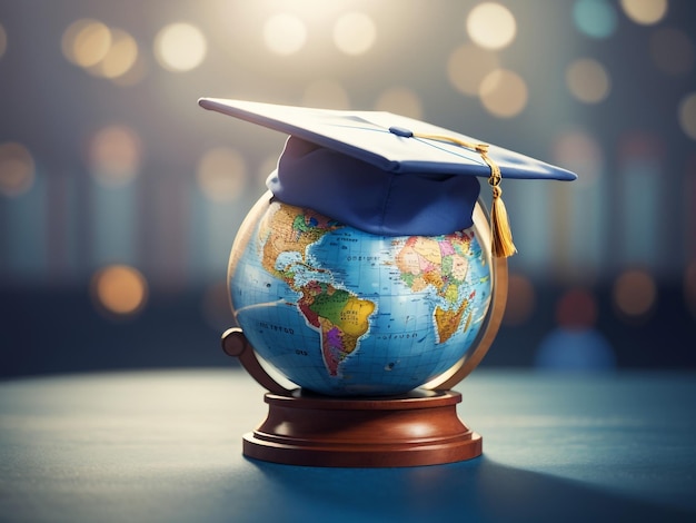 Il globo della saggezza mondiale in un tappo di laurea accademico Rendering 3D