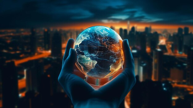 Il globo Terra nelle mani dell'uomo contro la città notturna splendidamente fatta con l'IA generativa