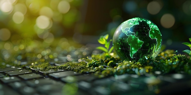 Il globo verde integrato nella tastiera del portatile come simbolo della tecnologia digitale sostenibile Concept Tecnologia sostenibile Innovazione verde Integrazione digitale Pratiche ecologiche