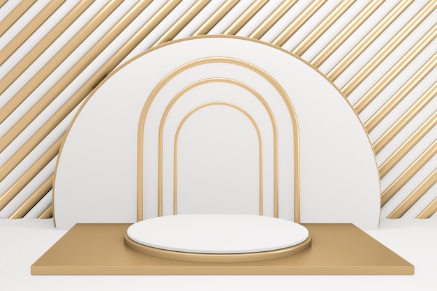 Il Golden Podium minimal geometrico bianco e oro in stile abstract. Rendering 3D