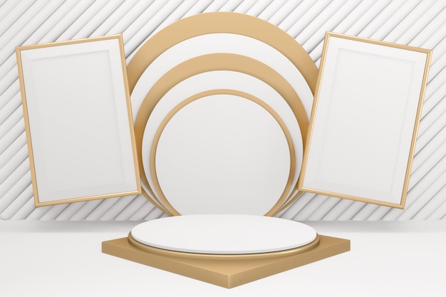 Il Golden Podium minimal geometrico bianco e oro in stile abstract. Rendering 3D