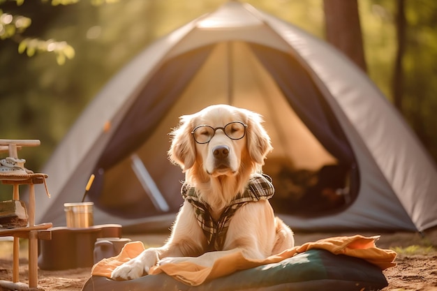 Il Golden Retriever si accampa nei boschi con gli occhiali da sole davanti alla tenda