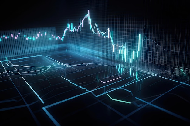 Il grafico finanziario su sfondo scuro rappresenta l'analisi del mercato azionario o il concetto di investimento Grafici finanziari linee e diagrammi luminosi sullo schermo digitale AI Generato