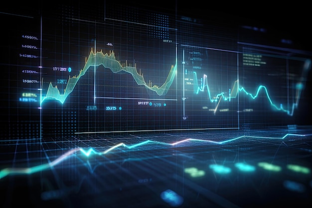 Il grafico finanziario sullo sfondo astratto della tecnologia rappresenta l'analisi del mercato azionario rendering 3d Grafici finanziari linee e diagrammi luminosi sullo schermo digitale generato dall'AI