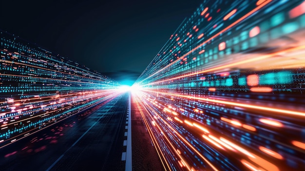 Il grafico visualizza la trasformazione digitale agile con un flusso di dati rapido sulla strada nella comunicazione globale cibernetica