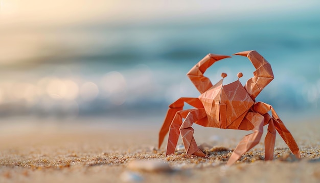 Il granchio origami sulla spiaggia sabbiosa da vicino messa a fuoco morbida sullo sfondo dell'oceano toni caldi consistenza tattile