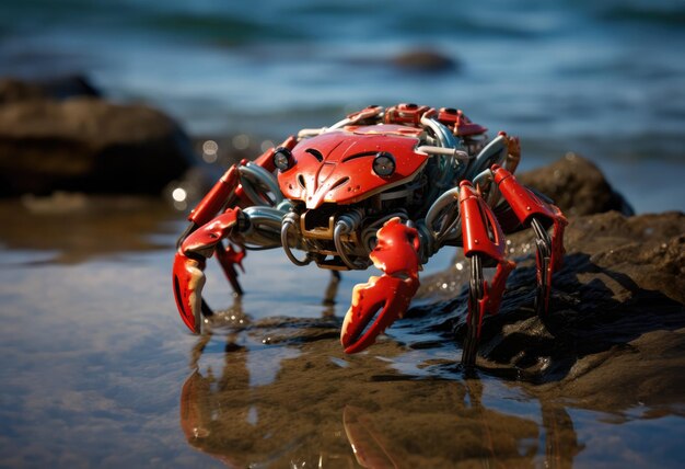 Il granchio robot sulla riva tra le rocce