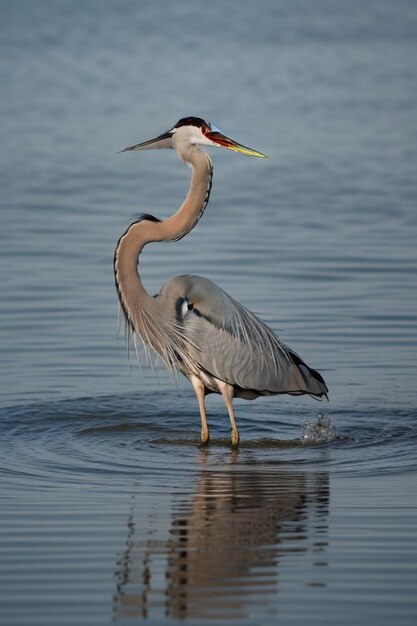 Il grande airone blu Ardea herodias che cattura un pesce