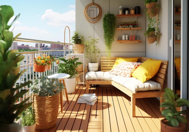 Il grande balcone moderno è decorato con fiori area di lettura e relax a casa generativa ai