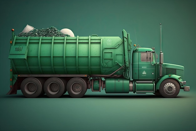 Il grande camion verde con il contenitore annesso raccoglie l'immondizia straripante