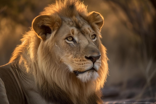 Il grande leone si siede in un parco nel tempo soleggiato autunnale generato dall'intelligenza artificiale