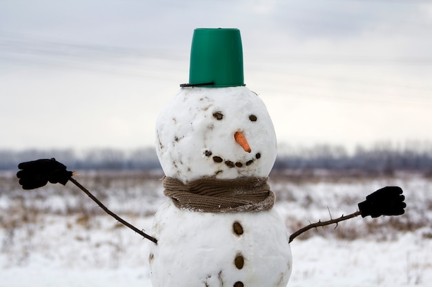 Il grande pupazzo di neve sorridente con il cappello, la sciarpa ed i guanti del secchio sul campo nevoso bianco sballa il paesaggio dell'inverno, gli alberi neri vaghi e il cielo blu