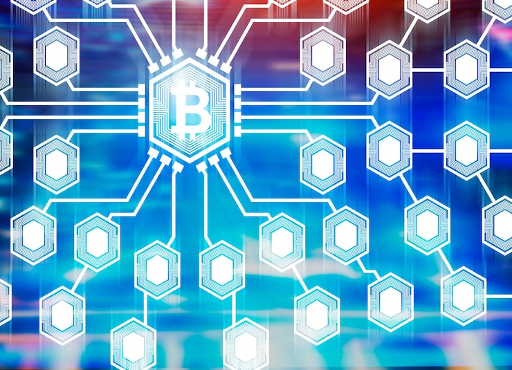 Foto il grande simbolo di bitcoin è il centro di una grande rete luminosa. sfondio blu e viola sfocato. concetto di criptovaluta e futuro