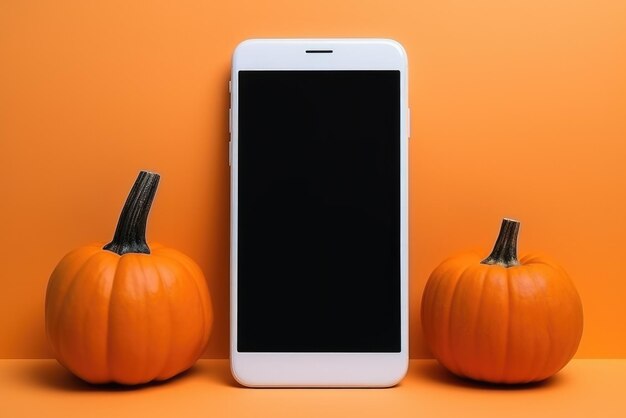 Il grande telefono simula lo schermo vuoto sullo sfondo delle zucche di Halloween felice