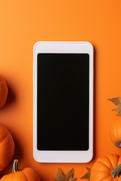 Il grande telefono simula lo schermo vuoto sullo sfondo delle zucche di Halloween felice