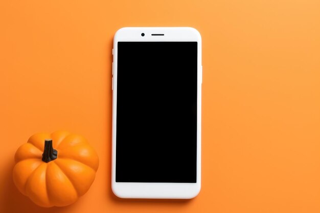 Il grande telefono simula lo schermo vuoto sullo sfondo delle zucche di Halloween felice