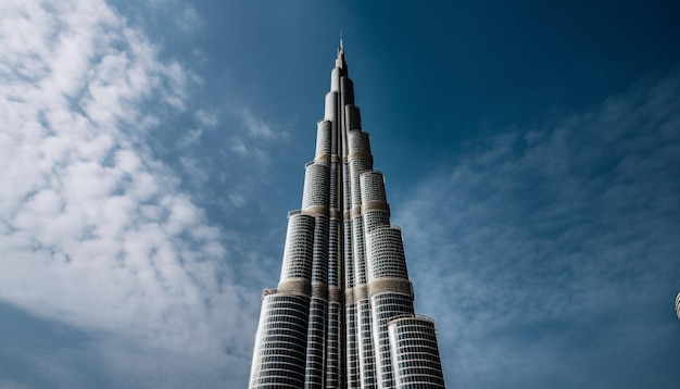 Il grattacielo futuristico illumina il moderno paesaggio urbano di Dubai al crepuscolo generato dall'intelligenza artificiale
