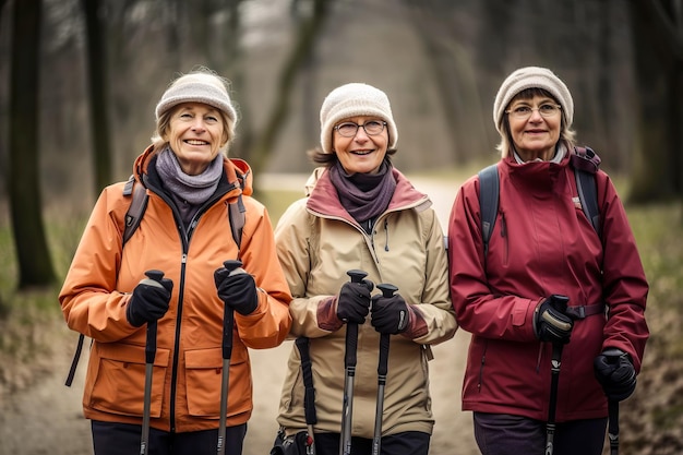 Il gruppo di donne anziane sta allenando il nordic walking nella foresta autunnale Illustrazione dell'IA generativa