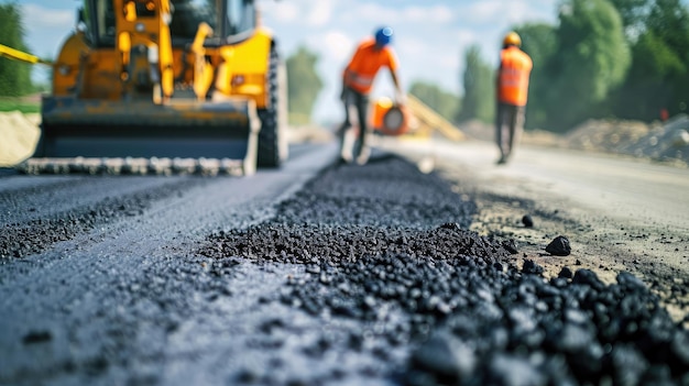 Il gruppo di lavoro dei lavoratori stradali39 aggiorna parte della strada con asfalto fresco e caldo e la liscia per la riparazione