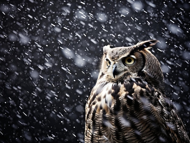 Il gufo in mezzo alla tempesta di neve della notte d'inverno